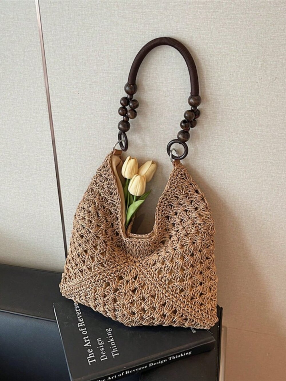 Khaki Casual Women's Crochet Hollow Patchwork Spacious Shoulder Bag - Picture 5 of 9